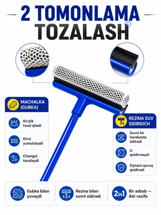 Uchburchak oyna tozalagich teleskopik cho'tka mikrofiber va silikon qirrali - 