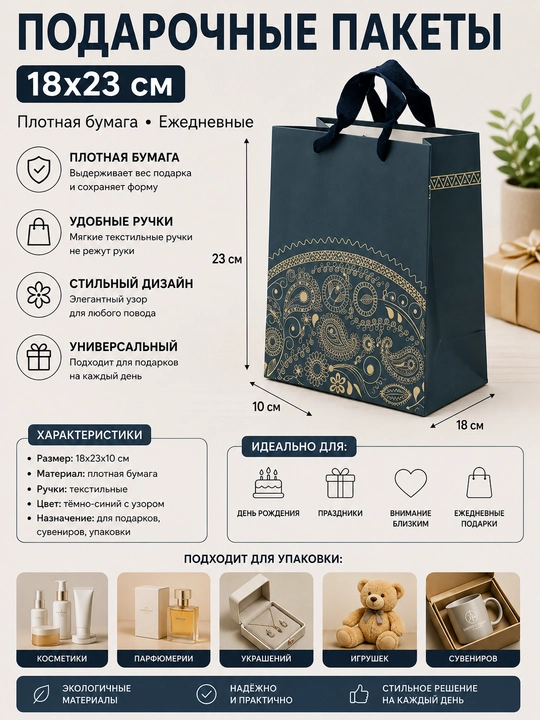 Подарочные пакеты 18x23 см. Плотная бумага ежедневные - 