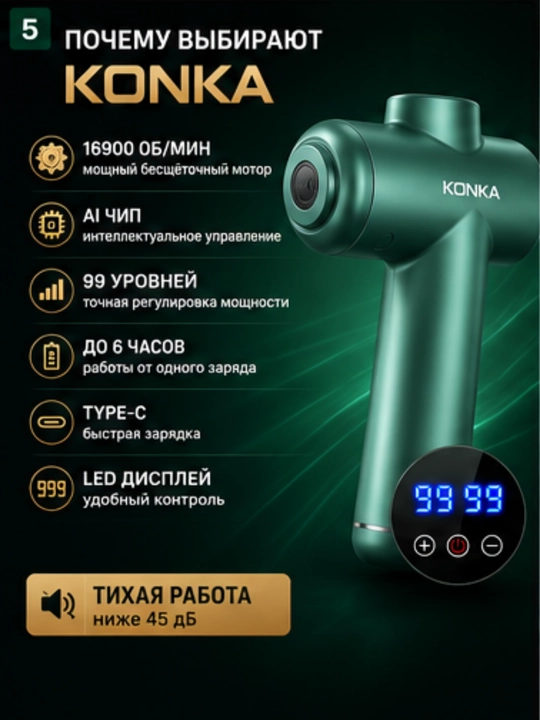 Массажер перкуссионный KONKA, массажный пистолет, 99 режимов, 8 насадок, Type-C