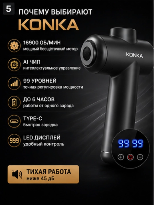 Массажер перкуссионный KONKA, массажный пистолет, 99 режимов, 8 насадок, Type-C