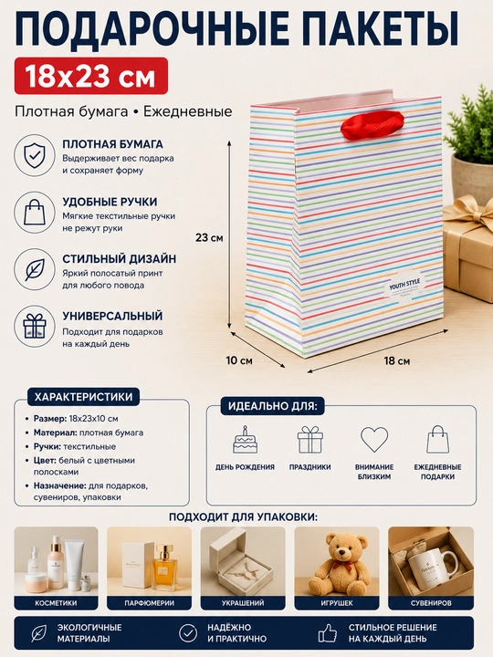 Подарочные пакеты 18x23 см. Плотная бумага ежедневные - 