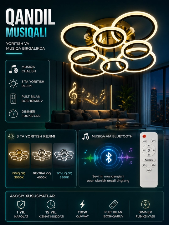 Shiftdagi LED yoritgich 110W musiqiy pultli Bluetooth qandil 3 xil yoritish rejimida