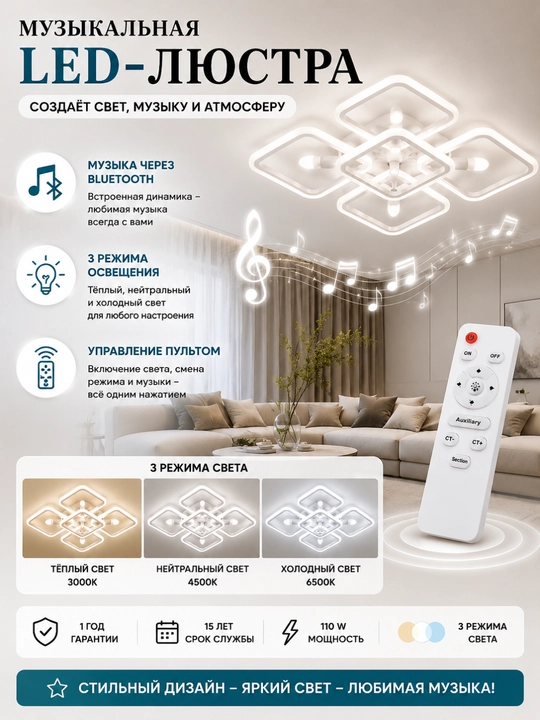 Светильник потолочный LED люстра Bluetooth с пультом музыкальная 110W 3 режима освещения - 