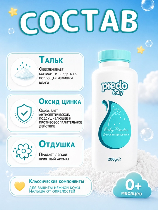 Детская присыпка Predo Baby тальк с оксидом цинка от опрелостей