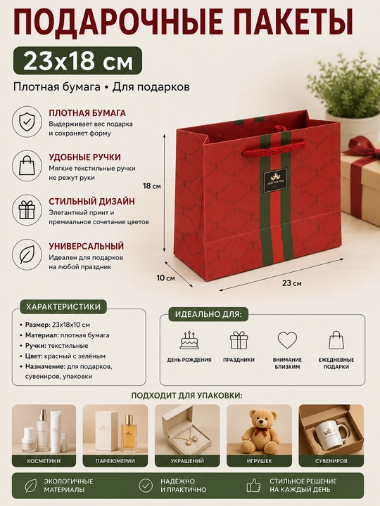 Подарочные пакеты 23x18 см, плотная бумага для подарков - 