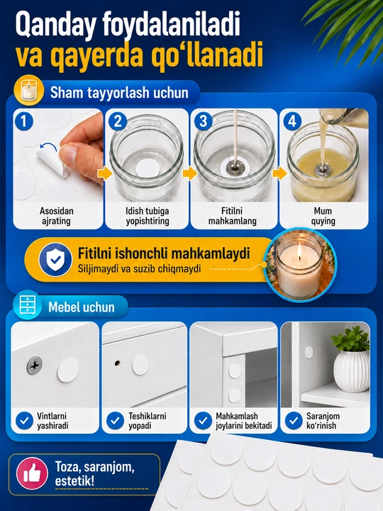 Oq ikki tomonlama stikerlar, fitil uchun, sham tayyorlash uchun