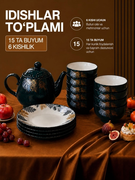 Choy nabori 15 qismli – 1 ta choynak, 6 ta piyola, 4 ta kosa, 4 ta tarelka, yashil rang