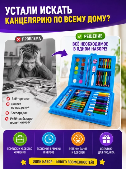 Творческий набор для рисования, карандаш, акварель, 145 предмет, детский чемодан для детей