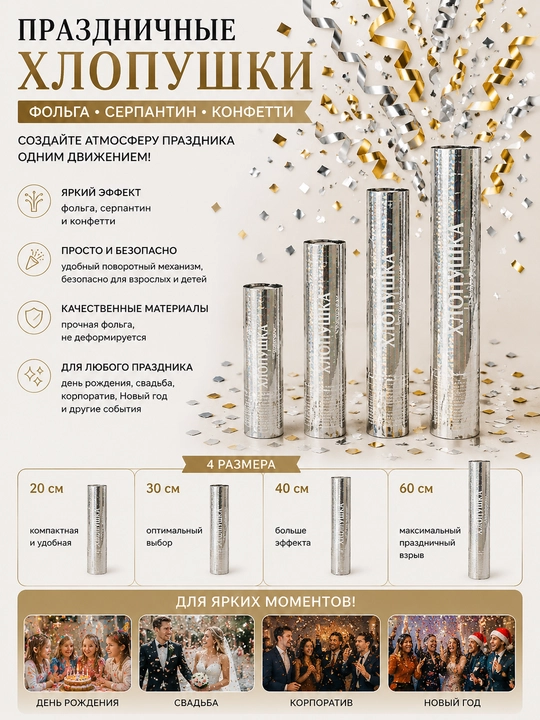 Праздничные хлопушки 20-60 см, Фольга серпантин конфетти - 
