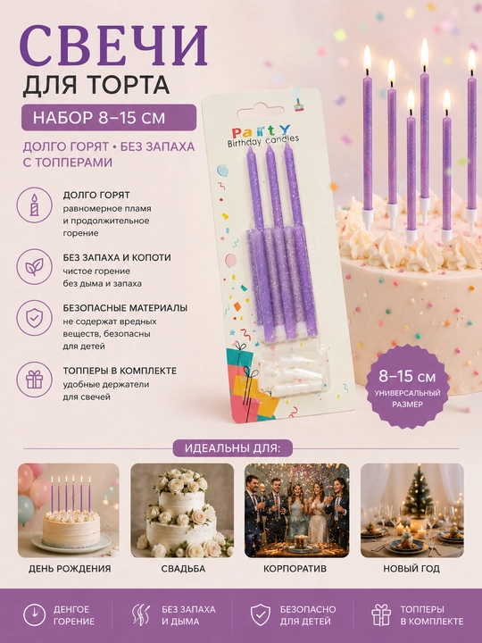 Tort shamlari 8-15 sm to'plam, Uzoq yonadi hidsiz topper - 
