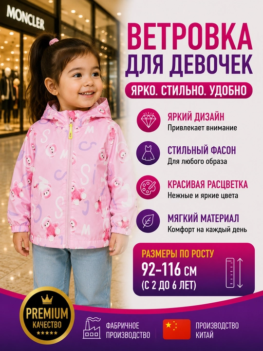 Qizlar uchun vetrovka, yumshoq, yengil, pushti