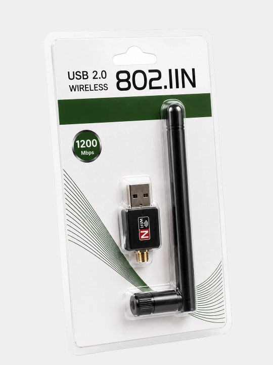 Адаптер беспроводной Wi-Fi USB, до 1200 Mbs, 2.4GHz, без драйверов до 200 м