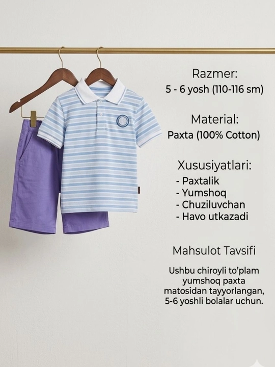Sifatli yozgi kiyimlar to'plami. Bolalar uchun yengil va qulay polo hamda shorti. Zo'r - 