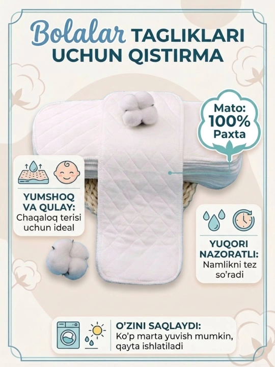 Tagliklar uchun ko‘p marta ishlatiladigan paxta shimib oluvchi vkladish, 1 dona