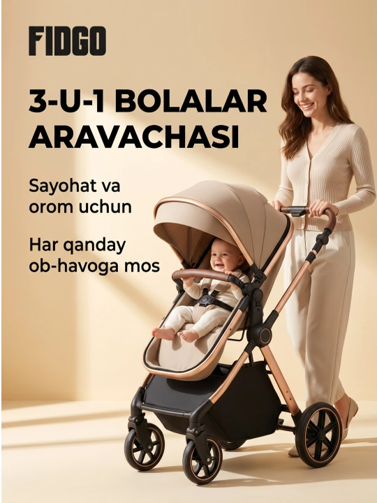 Bolalar aravachasi FIDGO 2 tasi 1 da, transformer, kapyushon va savat bilan - 