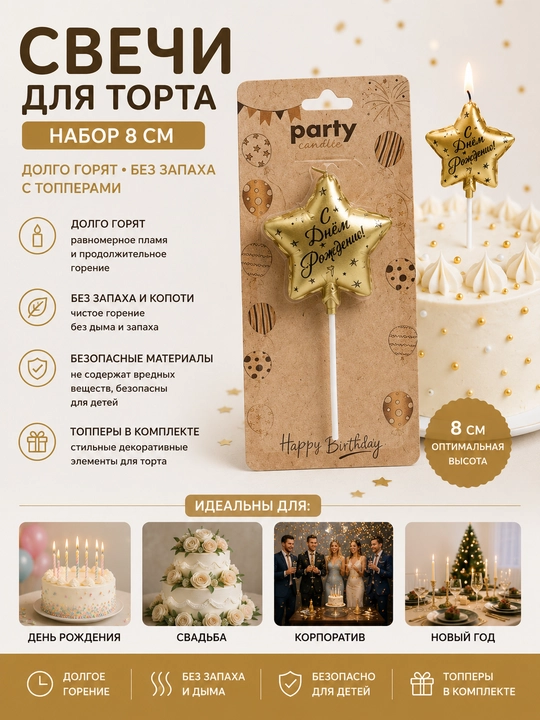 Свечи для торта 8 см набор, долго горят без запаха топпер - 