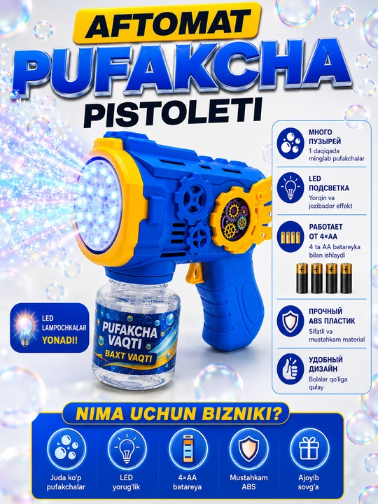 Sovun pufakchalari uchun Bubble Gun to‘pponcha, avtomatik, LED bilan, bolalar o‘yinchog‘i