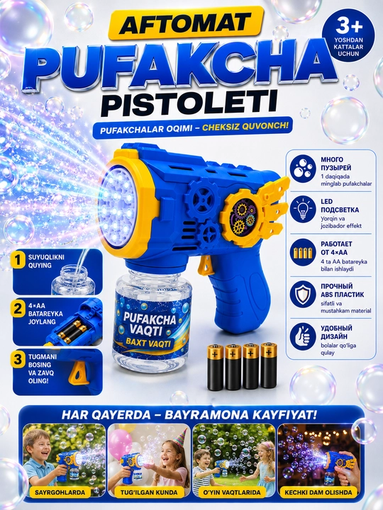 Sovun pufakchalari uchun Bubble Gun to‘pponcha, avtomatik, LED bilan, bolalar o‘yinchog‘i