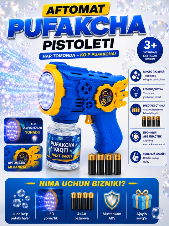 Sovun pufakchalari uchun Bubble Gun to‘pponcha, avtomatik, LED bilan, bolalar o‘yinchog‘i