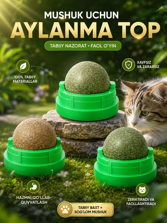 Mushuk uchun aylanuvchi mushuk o'ti (Catnip) o'yinchog'i – yopishtiriladigan yalash to'pi - 