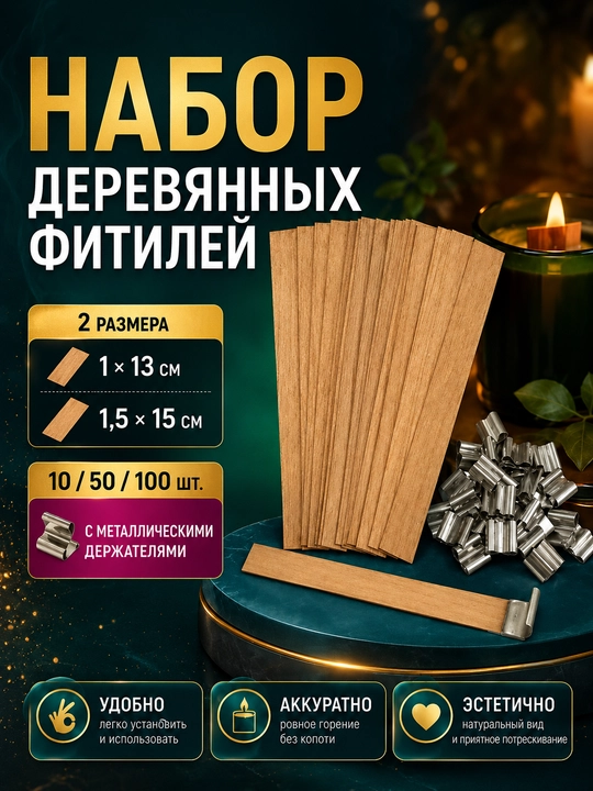 Набор деревянных фитилей с держателями, 10, 50, 100 штук, для свечей - 