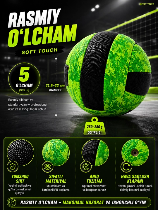 Voleybol to‘pi №5 o‘yin va mashg‘ulotlar uchun, standart o‘lcham, igna to‘plamda