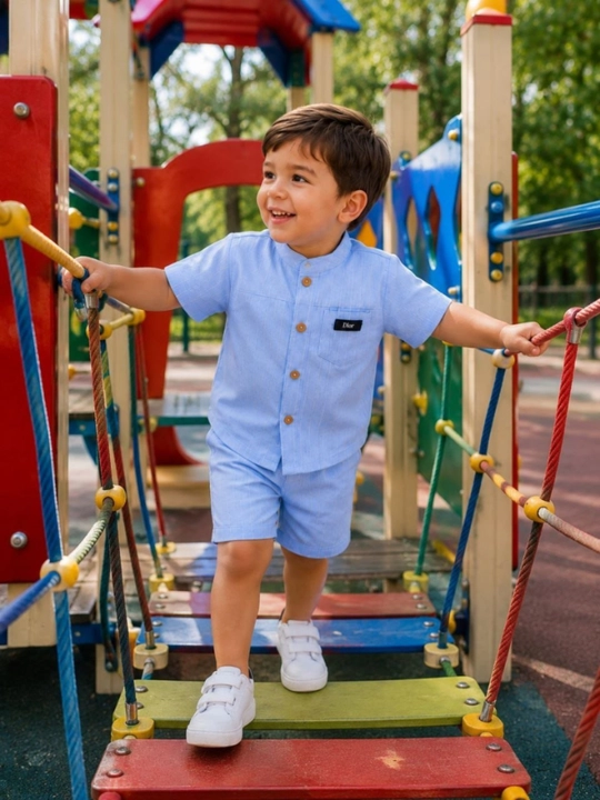 Летний костюм для мальчика, хлопковый комплект, рубашка и шорты, 1-5 лет, голубой