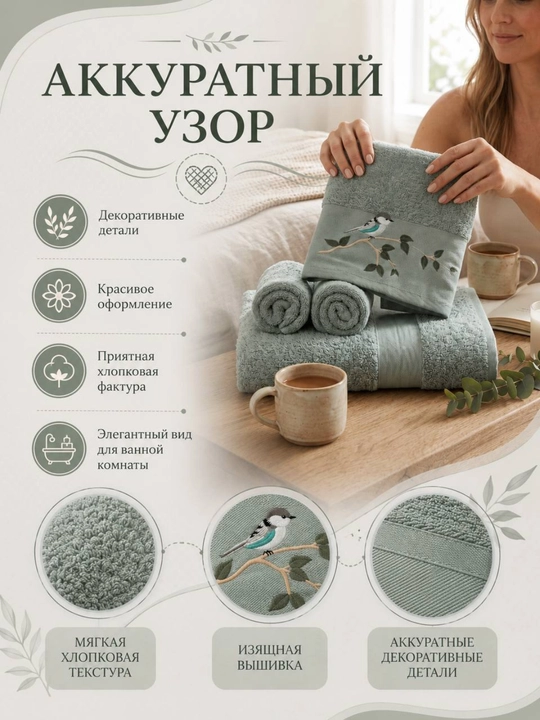 Sochiqlar to‘plami 3 tasi 1 da, hammom, yuz va qo‘l uchun, 100% paxta, 460 g/m², naqshli
