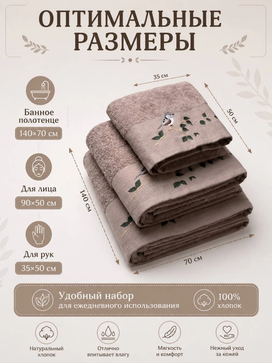 Sochiqlar to‘plami 3 tasi 1 da, hammom, yuz va qo‘l uchun, 100% paxta, 460 g/m², naqshli