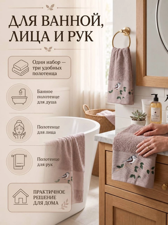 Sochiqlar to‘plami 3 tasi 1 da, hammom, yuz va qo‘l uchun, 100% paxta, 460 g/m², naqshli