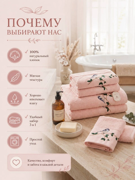 Sochiqlar to‘plami 3 tasi 1 da, hammom, yuz va qo‘l uchun, 100% paxta, 460 g/m², naqshli