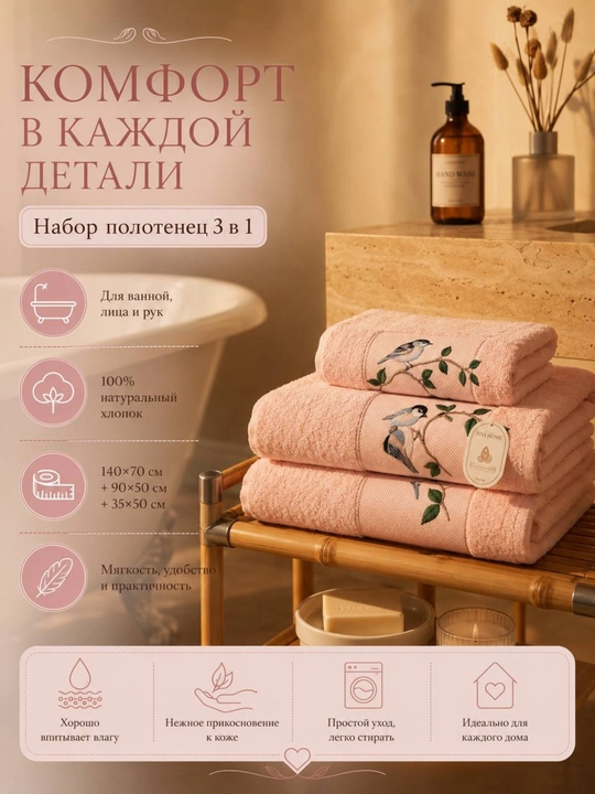 Sochiqlar to‘plami 3 tasi 1 da, hammom, yuz va qo‘l uchun, 100% paxta, 460 g/m², naqshli