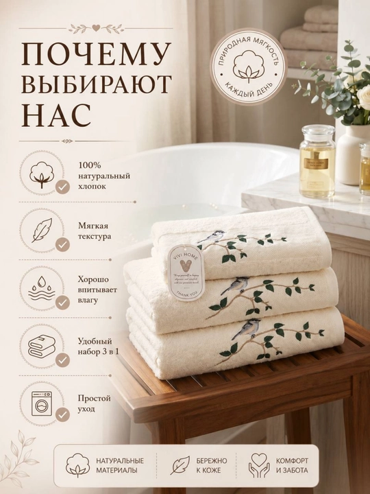 Sochiqlar to‘plami 3 tasi 1 da, hammom, yuz va qo‘l uchun, 100% paxta, 460 g/m², naqshli