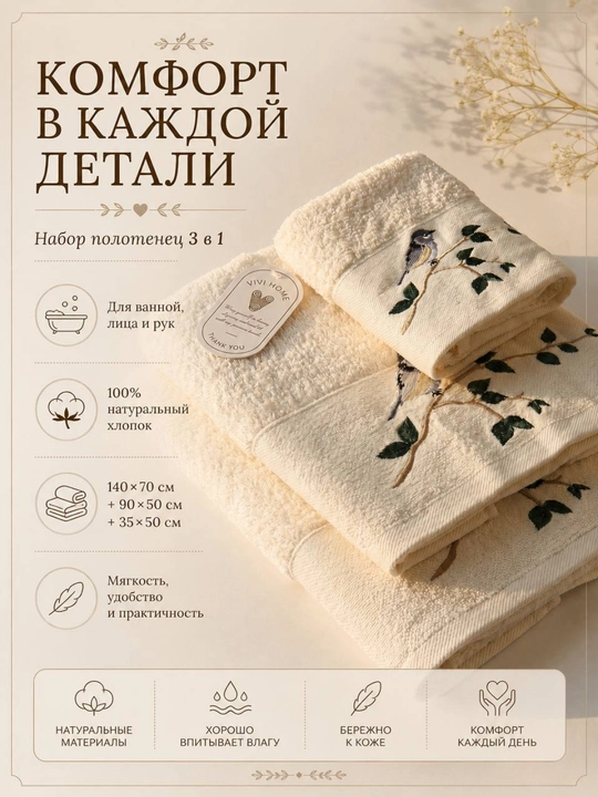 Sochiqlar to‘plami 3 tasi 1 da, hammom, yuz va qo‘l uchun, 100% paxta, 460 g/m², naqshli