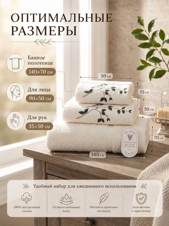 Sochiqlar to‘plami 3 tasi 1 da, hammom, yuz va qo‘l uchun, 100% paxta, 460 g/m², naqshli