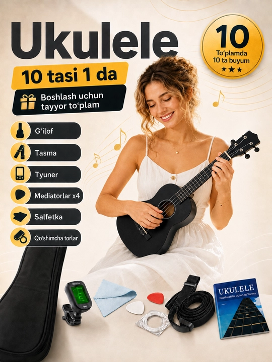 Konsert ukulelesi, 58 sm, musiqa asboblari to‘plami, mini gitara