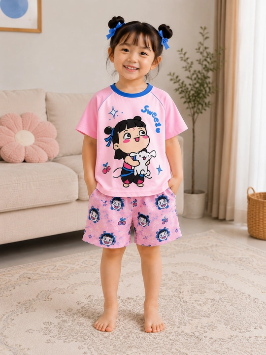 Qiz bolalar uchun 3 qismli kiyim to‘plami pijama paxtali futbolka, shortik, shim, shalvar - 
