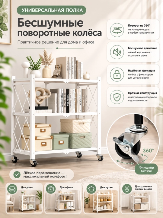 Стеллаж-этажерка металлический, складной на колесиках, 3/4/5-этажный стеллаж, с полками