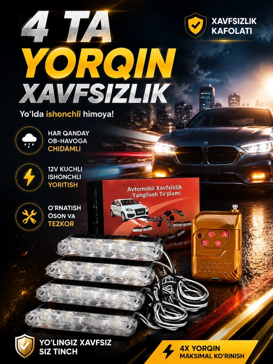 4 dona LED stroboskop chiroq 12V masofadan boshqaruv pulti bilan - 