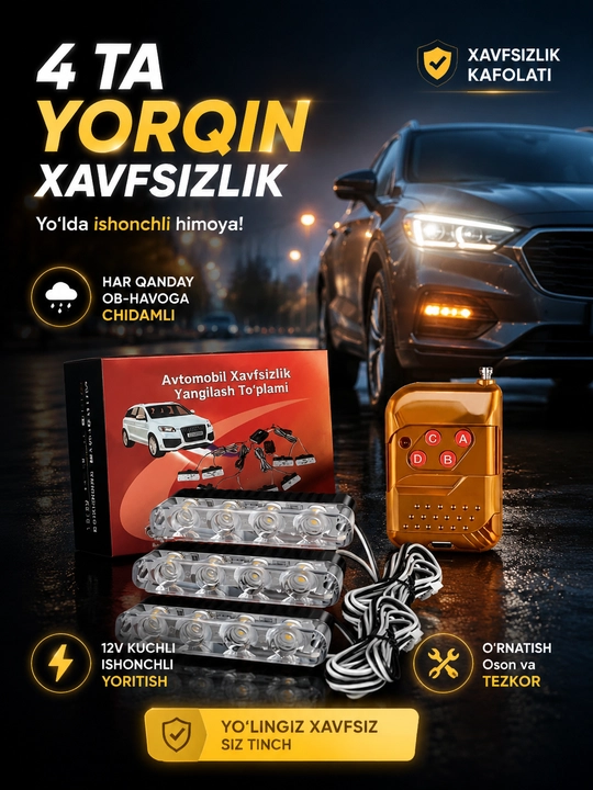 4 dona LED stroboskop chiroq 12V masofadan boshqaruv pulti bilan