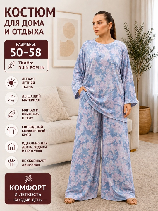 Duin poplindan tikilgan katta o‘lchamdagi ayollar kostyumi, keng shim va kofta 48-58 - 