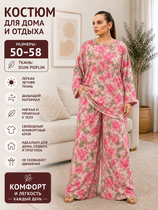 Duin poplindan tikilgan katta o‘lchamdagi ayollar kostyumi, keng shim va kofta 48-58 - 