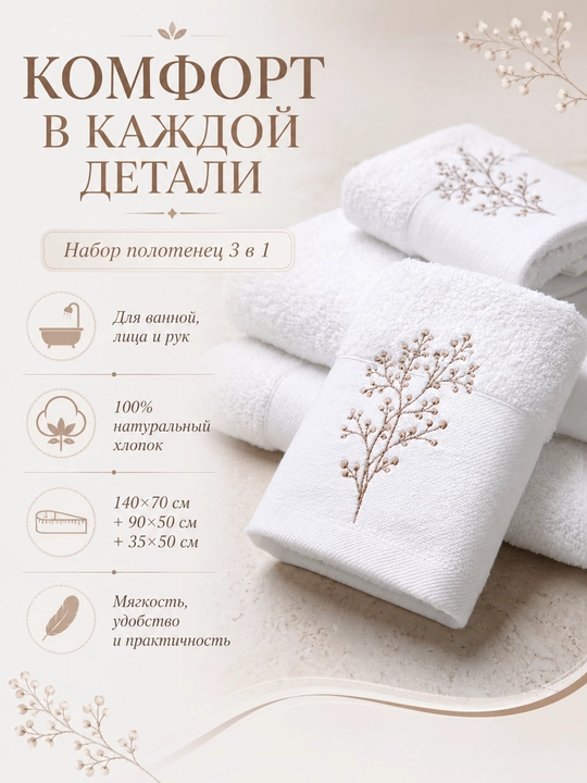 Vanna, yuz va qo‘llar uchun mo‘ljallangan, 3 tasi 1 da, kashta tikilgan, 100% paxta tolali paxmoq sochiqlar to‘plami, 460 g/m2