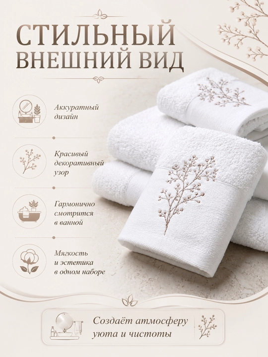 Vanna, yuz va qo‘llar uchun mo‘ljallangan, 3 tasi 1 da, kashta tikilgan, 100% paxta tolali paxmoq sochiqlar to‘plami, 460 g/m2