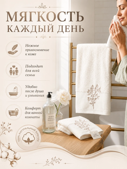 Vanna, yuz va qo‘llar uchun mo‘ljallangan, 3 tasi 1 da, kashta tikilgan, 100% paxta tolali paxmoq sochiqlar to‘plami, 460 g/m2