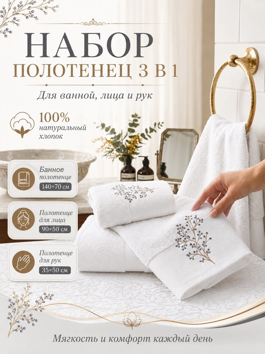 Vanna, yuz va qo‘llar uchun mo‘ljallangan, 3 tasi 1 da, kashta tikilgan, 100% paxta tolali paxmoq sochiqlar to‘plami, 460 g/m2 - 