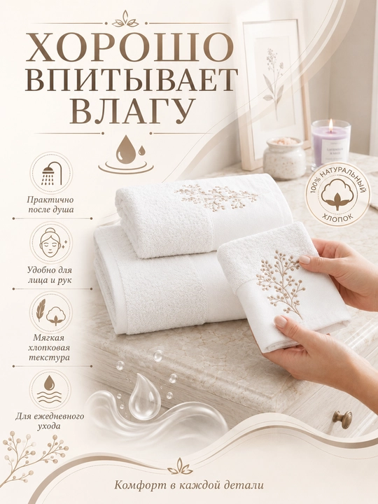 Vanna, yuz va qo‘llar uchun mo‘ljallangan, 3 tasi 1 da, kashta tikilgan, 100% paxta tolali paxmoq sochiqlar to‘plami, 460 g/m2