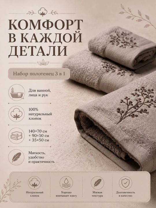Vanna, yuz va qo‘llar uchun mo‘ljallangan, 3 tasi 1 da, kashta tikilgan, 100% paxta tolali paxmoq sochiqlar to‘plami, 460 g/m2