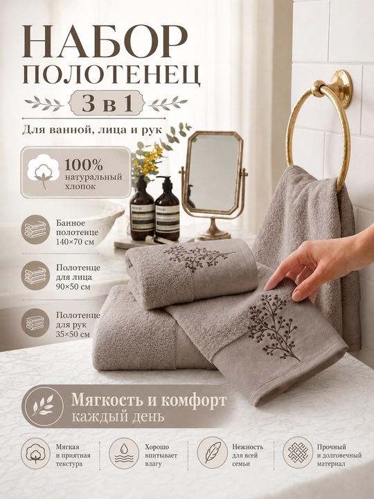 Vanna, yuz va qo‘llar uchun mo‘ljallangan, 3 tasi 1 da, kashta tikilgan, 100% paxta tolali paxmoq sochiqlar to‘plami, 460 g/m2 - 