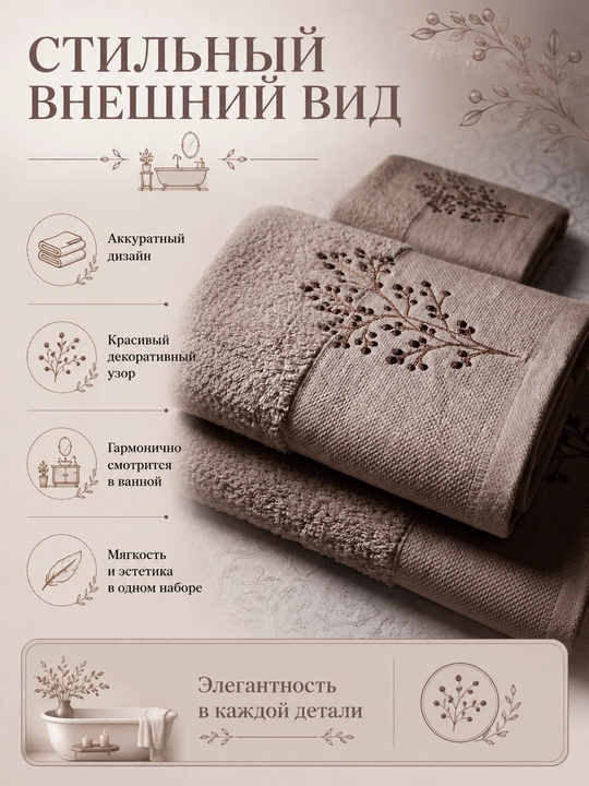 Vanna, yuz va qo‘llar uchun mo‘ljallangan, 3 tasi 1 da, kashta tikilgan, 100% paxta tolali paxmoq sochiqlar to‘plami, 460 g/m2